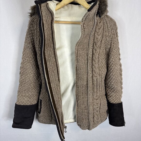 Urku Ecuador Wool Cotton Knit Jacket Fleece Lined Faux Fur Hood Women’s M - Picture 6 of 9
